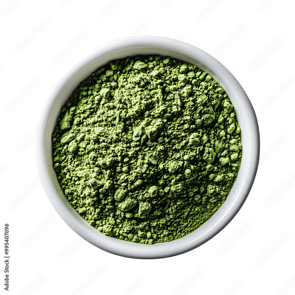Green powder in a white bowl, PNG background Green powder in a white bowl, PNG background