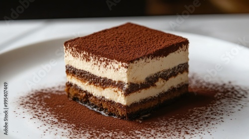 A decadent slice of tiramisu with layers of coffee-soaked sponge cake, mascarpone cream, and cocoa powder.