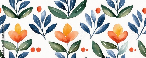 A vibrant floral pattern featuring orange flowers, green leaves, and blue accents on a white background.