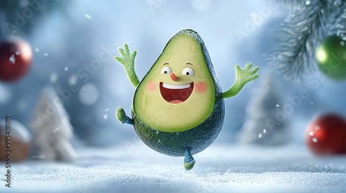 Happy Cartoon Avocado Character in a Winter Wonderland photo