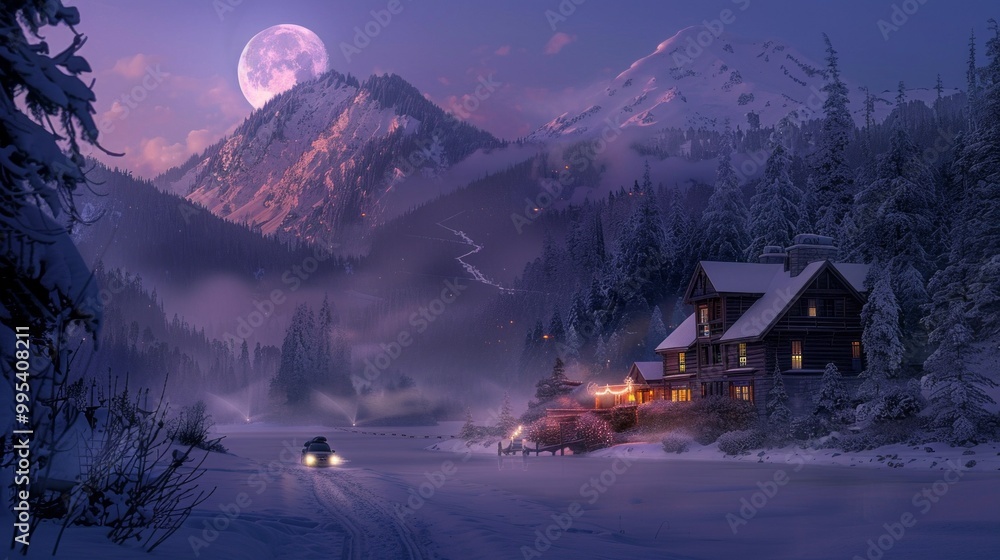 A snowy mountain range with a house in the foreground A snowy mountain range with a house in the foreground