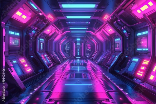 Futuristic Spaceship Corridor with Neon Lights