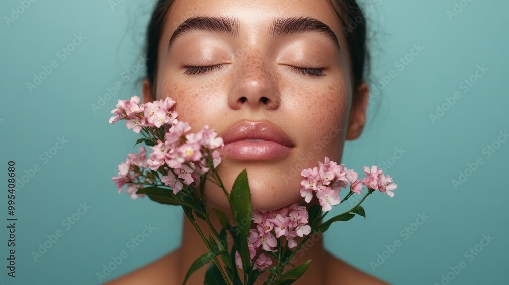 A serene portrait of a person with closed eyes, holding pink flowers, against a soft turquoise background, exuding calm and natural beauty. A serene portrait of a person with closed eyes, holding pink flowers, against a soft turquoise background, exuding calm and natural beauty.
