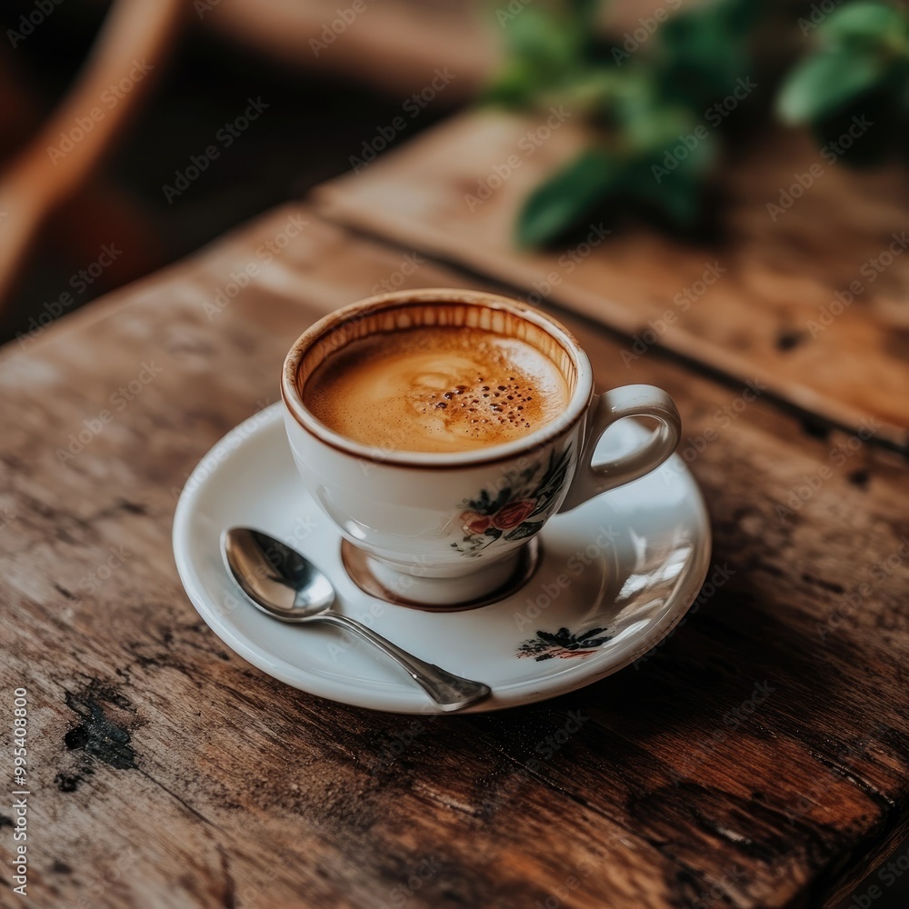 A detailed shot of an espresso cup placed on a saucer, with a teaspoon resting beside it, on a caf-style wooden table A detailed shot of an espresso cup placed on a saucer, with a teaspoon resting beside it, on a caf-style wooden table