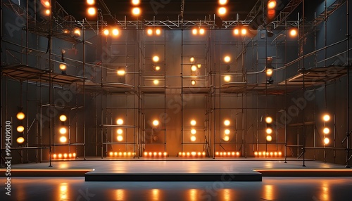 Dynamic talk show set featuring dramatic scaffolding, illuminated by warm lighting, creating an inviting atmosphere amidst a stylish dark backdrop.