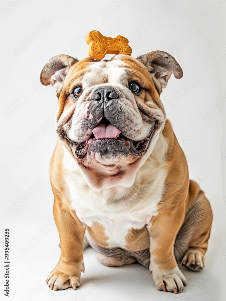 Obraz premium Lively Bulldog with a rubber bone perched on its head, looking towards the camera with a smiley emoticon, full-body pet portrait against a pure white background.