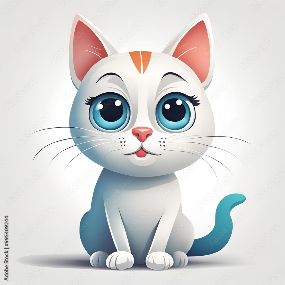 Fototapeta premium A cute white kitten with blue eyes, orange markings on its head, and a teal tail. It sits with a sweet expression, big ears, and long whiskers, creating an adorable and playful scene.