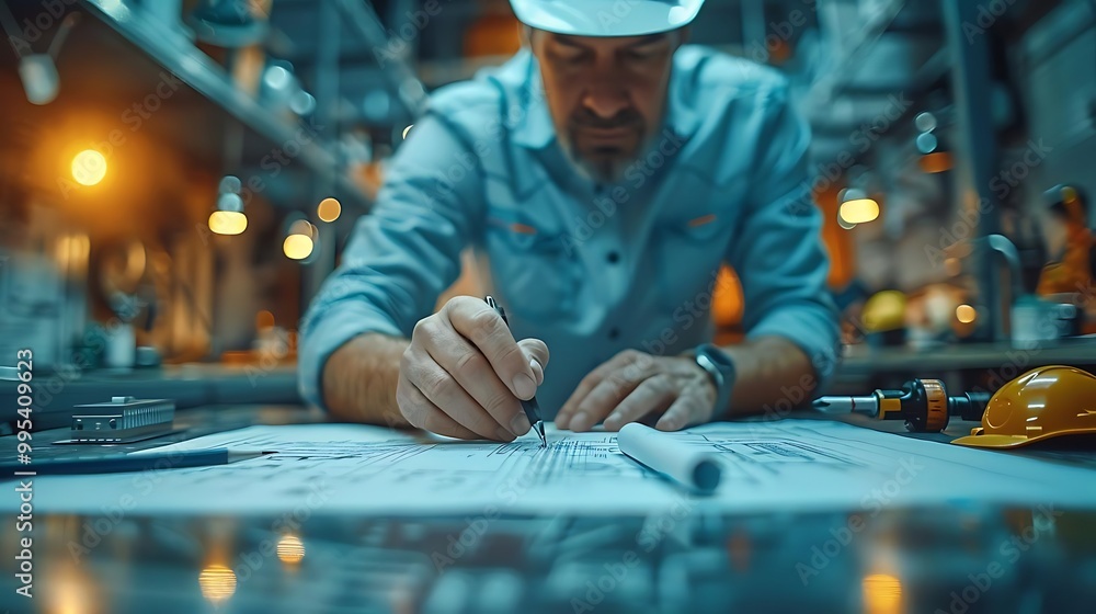 An engineer sketches designs on blueprints in a workshop environment. An engineer sketches designs on blueprints in a workshop environment.