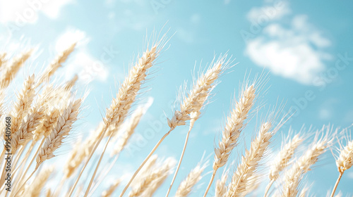 A field of wheat is blowing in the wind on a sunny day