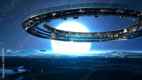 Exploring a futuristic space station orbiting a distant giant blue planet in a stunning cosmic landscape