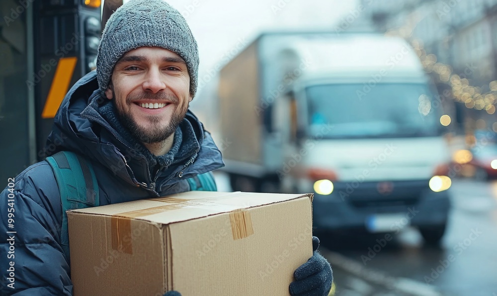 Smiling delivery worker holding a package on a city street Smiling delivery worker holding a package on a city street