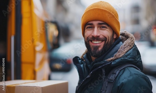 Smiling delivery driver in winter attire on city street