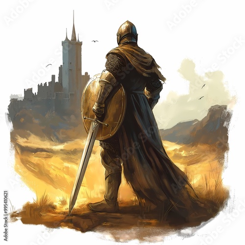 A stalwart knight stands on the golden plains, gazing reflectively toward the distant castle, embodying valor and nobility against a backdrop of a rich, vibrant landscape bathed in sunlight. photo