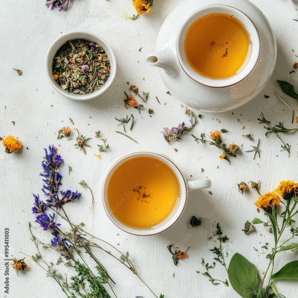 A flat lay of a teapot and teacup with herbal tea, surrounded by dried flowers and herbs, on a white rustic background A flat lay of a teapot and teacup with herbal tea, surrounded by dried flowers and herbs, on a white rustic background