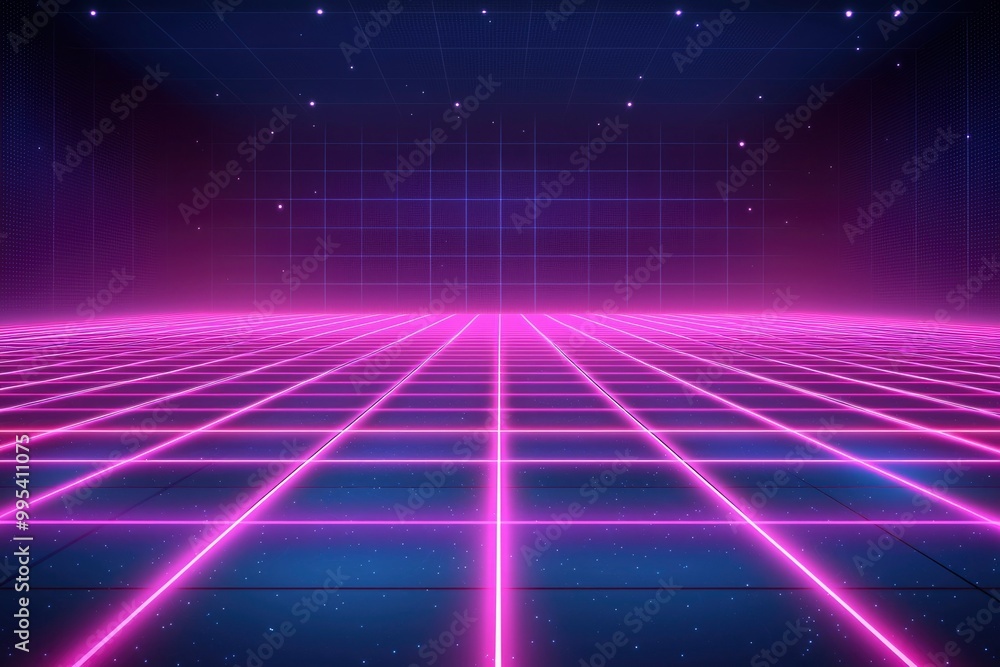 Retrofuturistic Grid with Glowing Pink Lines and Scattered Stars Retrofuturistic Grid with Glowing Pink Lines and Scattered Stars
