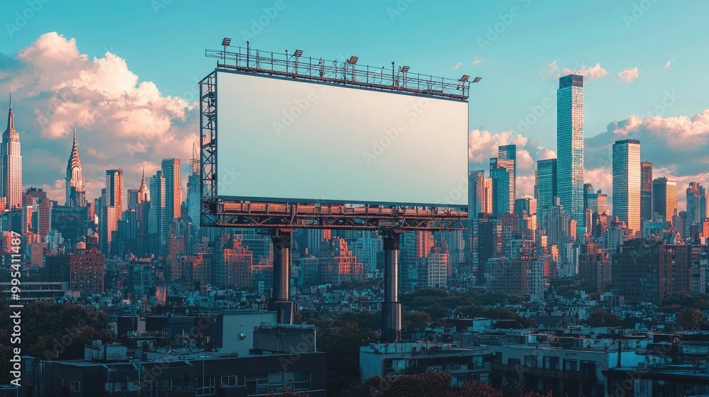Empty billboard overlooking a vibrant city skyline at sunset Empty billboard overlooking a vibrant city skyline at sunset