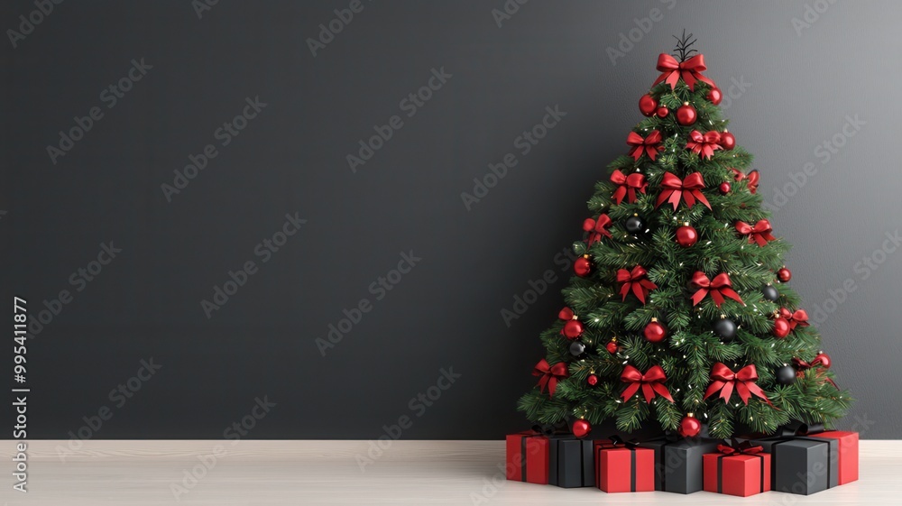 A beautifully decorated Christmas tree with red ribbons and ornaments, surrounded by neatly wrapped gifts, set against a dark wall. A beautifully decorated Christmas tree with red ribbons and ornaments, surrounded by neatly wrapped gifts, set against a dark wall.