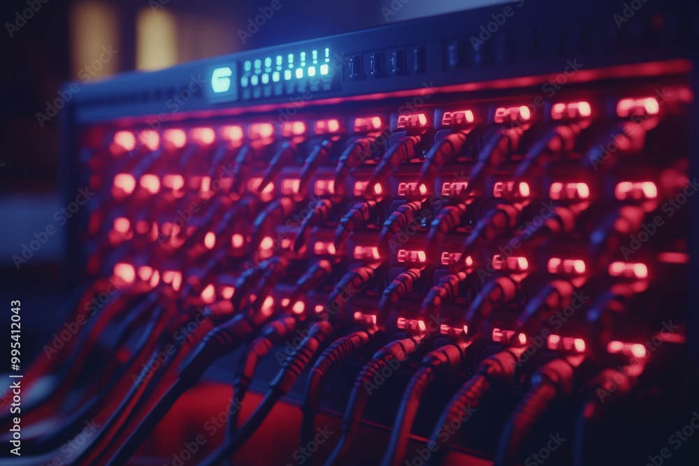 Rows of glowing red indicator lights on a control panel representing the complexity of data management digital systems and telecommunication networks in a high tech environment Rows of glowing red indicator lights on a control panel representing the complexity of data management digital systems and telecommunication networks in a high tech environment