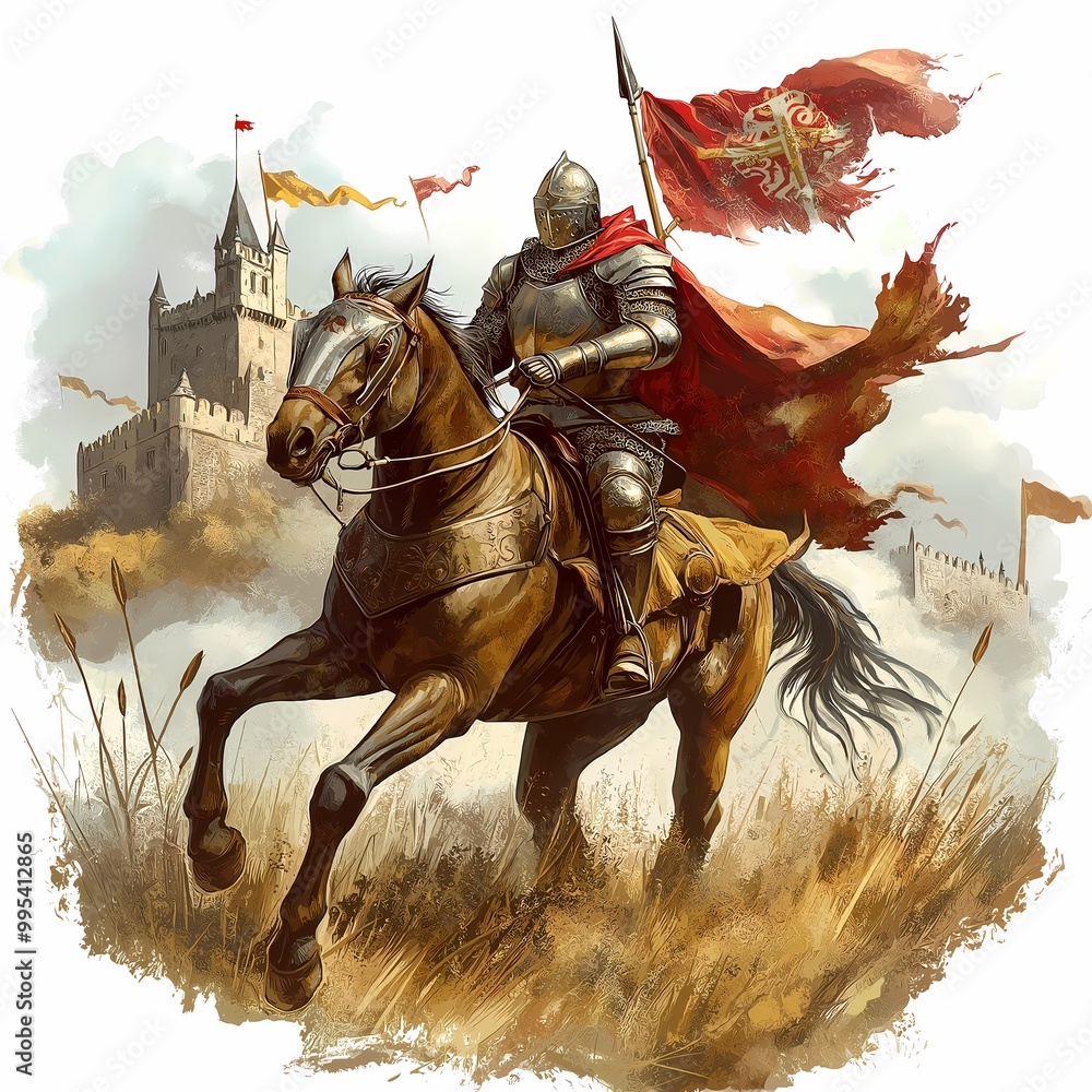 Naklejka premium A valiant knight charges into battle, clad in shining armor, on a gallant steed, wielding a spear. The scene is set against a castle backdrop, evoking valor, adventure, and medieval glory.