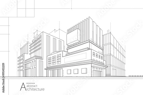 3D illustration abstract urban building out-line drawing of imagination architecture building construction design.