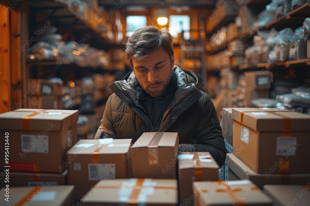 Man working in warehouse with cardboard boxes Man working in warehouse with cardboard boxes