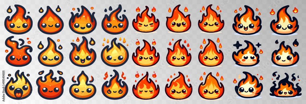 Obraz premium Set of fire cartoon character vector illustration on transparent png background.
