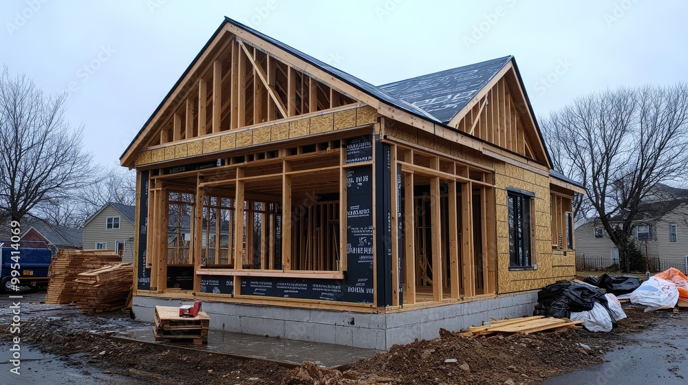 Detailed view of a steel-framed house in mid-construction, beams and joints exposed, construction materials piled up, overcast sky, soft ambient lighting Detailed view of a steel-framed house in mid-construction, beams and joints exposed, construction materials piled up, overcast sky, soft ambient lighting