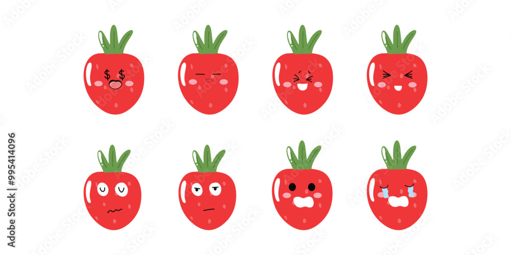 set of kawaii strawberry emoticon sticker isolated on white background. strawberry cute expression face set of kawaii strawberry emoticon sticker isolated on white background. strawberry cute expression face