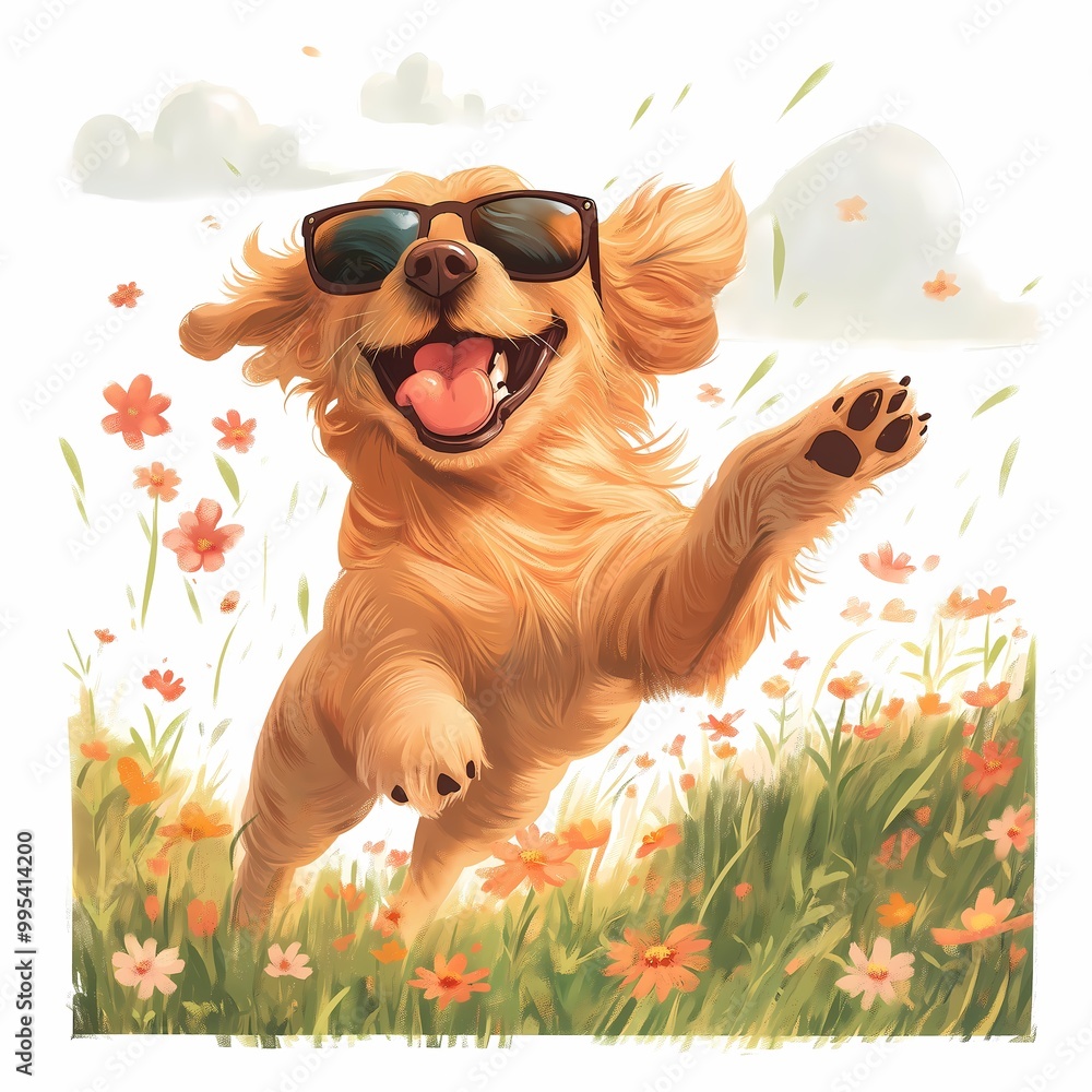 A cheerful golden retriever joyfully leaps through a field of flowers, wearing stylish sunglasses, embodying carefree happiness and vibrant energy under a bright sky filled with fluffy clouds. A cheerful golden retriever joyfully leaps through a field of flowers, wearing stylish sunglasses, embodying carefree happiness and vibrant energy under a bright sky filled with fluffy clouds.