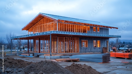 Detailed view of a steel-framed house in mid-construction, beams and joints exposed, construction materials piled up, overcast sky, soft ambient lighting