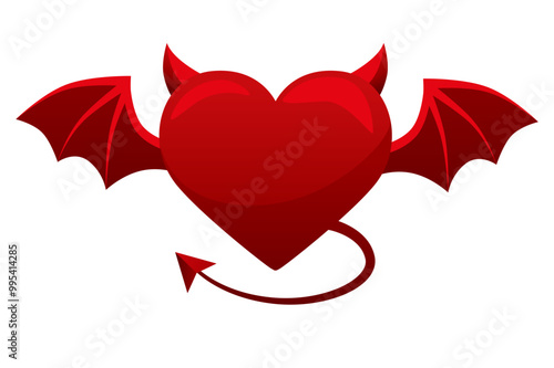 Devil red heart icon isolated on white background. Heart with tail wings and horns. Flat design, vector illustration for your designs, greeting cards, print, stickers or banners.