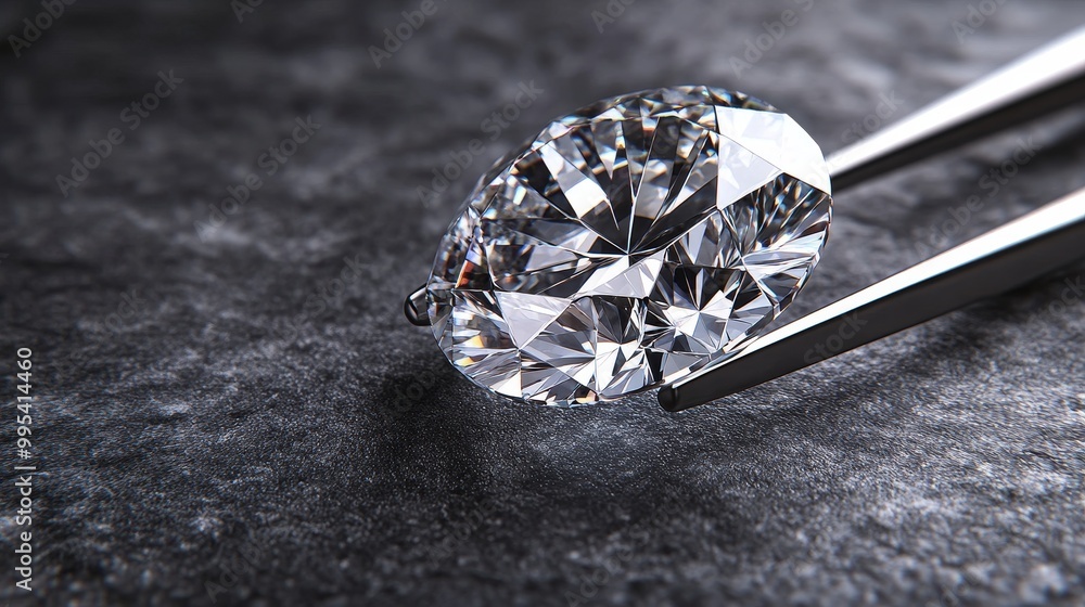 Elegant, close-up view of a polished diamond held by tweezers, on a subtle grey table. Ideal for advertisements or branding with space for text Elegant, close-up view of a polished diamond held by tweezers, on a subtle grey table. Ideal for advertisements or branding with space for text