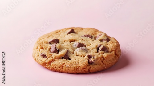 Delicious chocolate chip cookie on a pastel pink background.