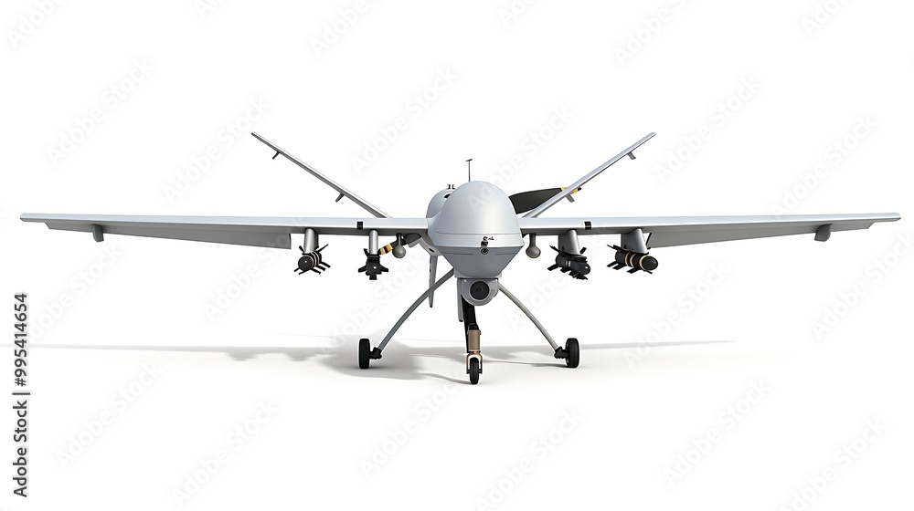 A military drone with long-range surveillance capabilities, isolated on a white background. A military drone with long-range surveillance capabilities, isolated on a white background.