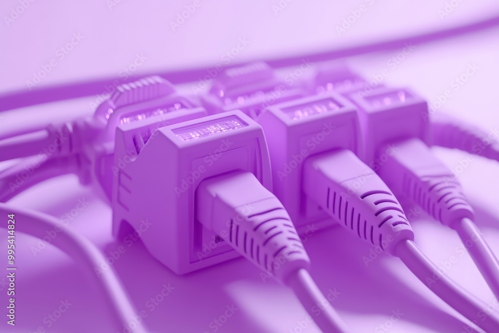 Close up of purple ethernet cables plugged into a data switch symbolizing modern digital communication network infrastructure and data flow in telecommunication systems Close up of purple ethernet cables plugged into a data switch symbolizing modern digital communication network infrastructure and data flow in telecommunication systems
