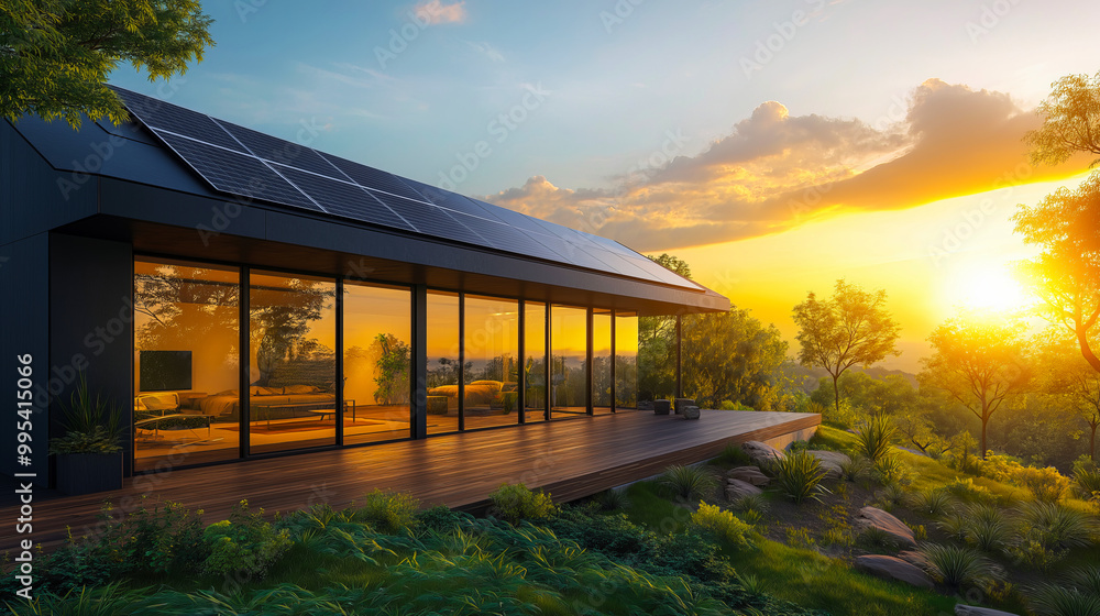 Obraz premium Sleek solar panels glistening on the roof of a modern building under bright sunlight showcasing renewable energy and sustainable architecture