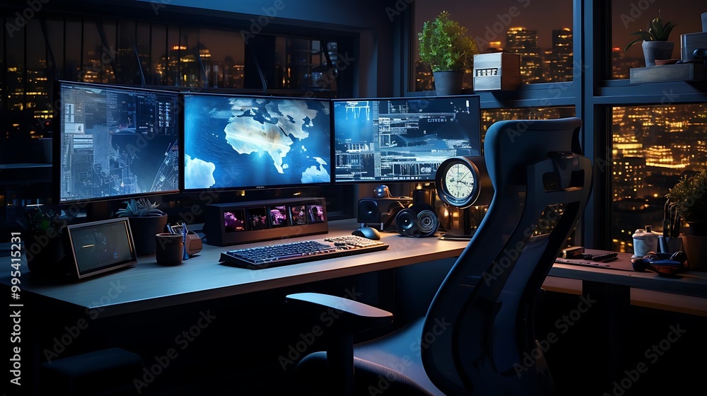 Naklejka premium A modern workspace featuring multiple screens, plants, and a city view at night.
