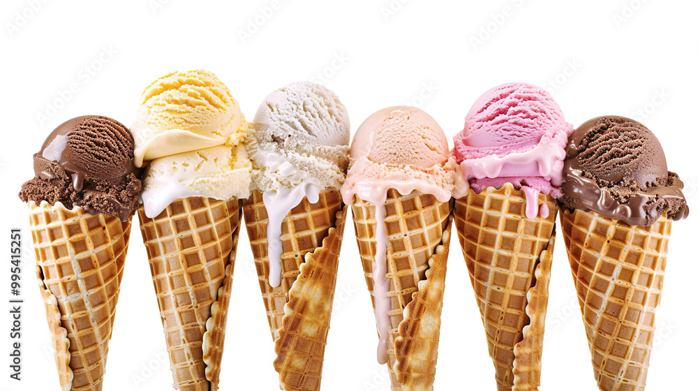 Waffle cones with an assortment of ice cream flavors isolated on transparent background, png Waffle cones with an assortment of ice cream flavors isolated on transparent background, png