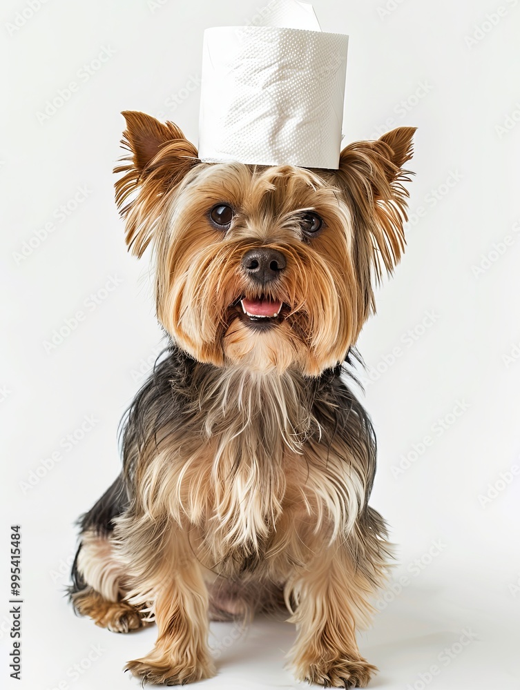 Delightful Yorkshire Terrier with a roll of toilet paper on its head, gazing towards the camera with a smiley emoticon, full-body shot against a pure white background Delightful Yorkshire Terrier with a roll of toilet paper on its head, gazing towards the camera with a smiley emoticon, full-body shot against a pure white background