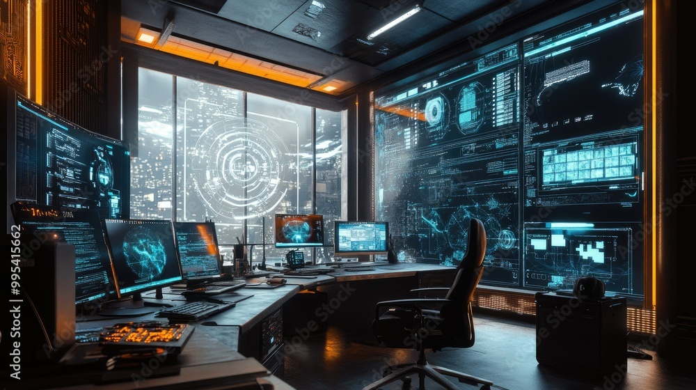 A futuristic, high-tech workspace featuring large monitors, advanced tools, and holographic data projections. A futuristic, high-tech workspace featuring large monitors, advanced tools, and holographic data projections.