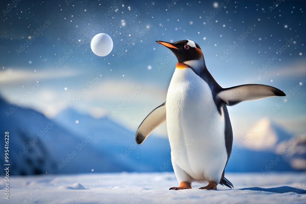 Fototapeta premium Penguin standing in winter landscape with blue sky and mountains