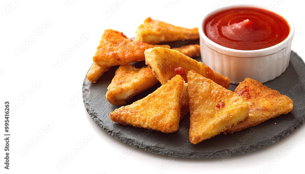 Mozzarella cheese stick triangles are elongated pieces of battered or breaded mozzarella, usually served as hors d oeuvre. With a side of red tomato marinara sauce. Isolated on white with copy space Mozzarella cheese stick triangles are elongated pieces of battered or breaded mozzarella, usually served as hors d oeuvre. With a side of red tomato marinara sauce. Isolated on white with copy space