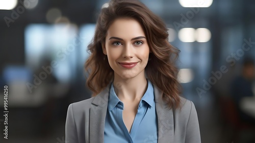 A confident woman in a business setting, smiling in professional attire.