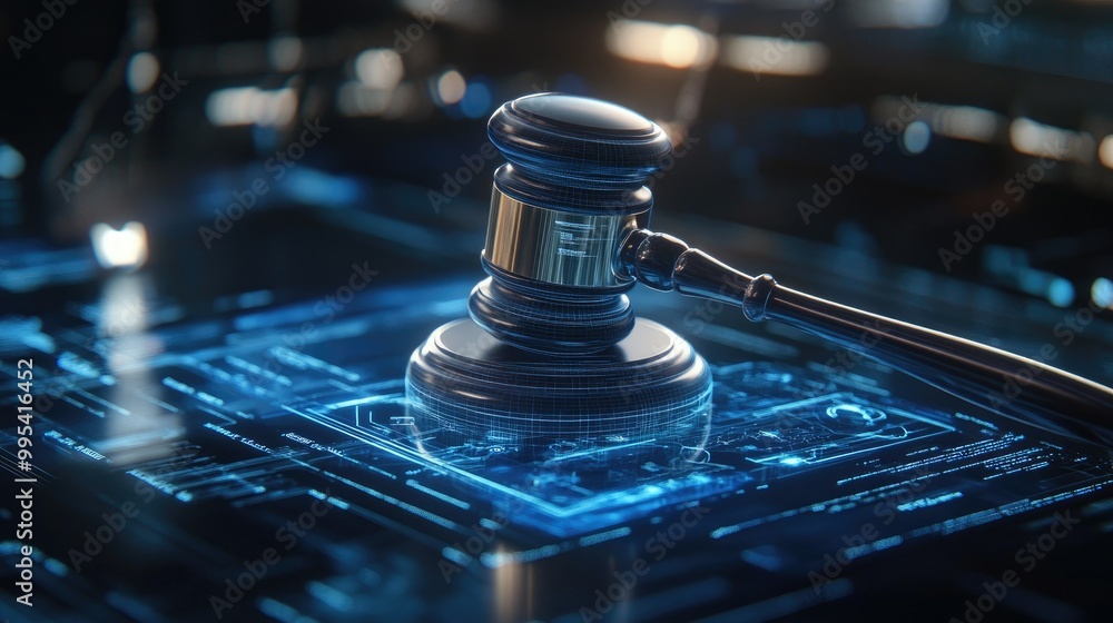 A gavel over a transparent holographic legal interface, blending traditional justice with advanced tech. A gavel over a transparent holographic legal interface, blending traditional justice with advanced tech.