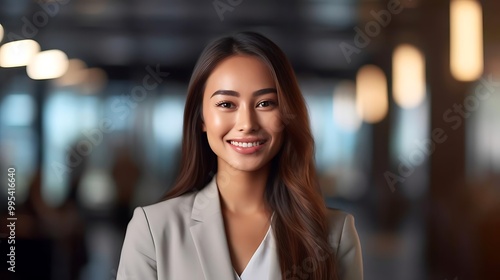 A smiling woman in a professional outfit, exuding confidence in a modern office setting.