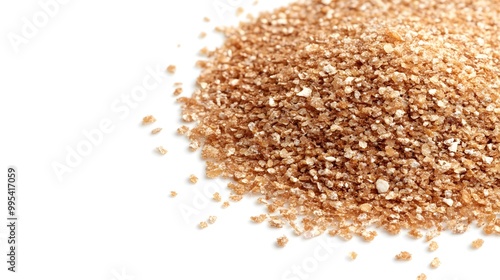 A close-up of a pile of raw wheat grains isolated on a white background.