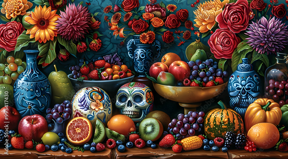 Still Life with Fruit, Flowers, and Skulls Illustration Still Life with Fruit, Flowers, and Skulls Illustration
