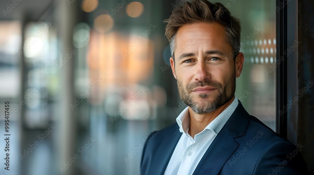 A confident man in a suit poses in a modern office setting. A confident man in a suit poses in a modern office setting.