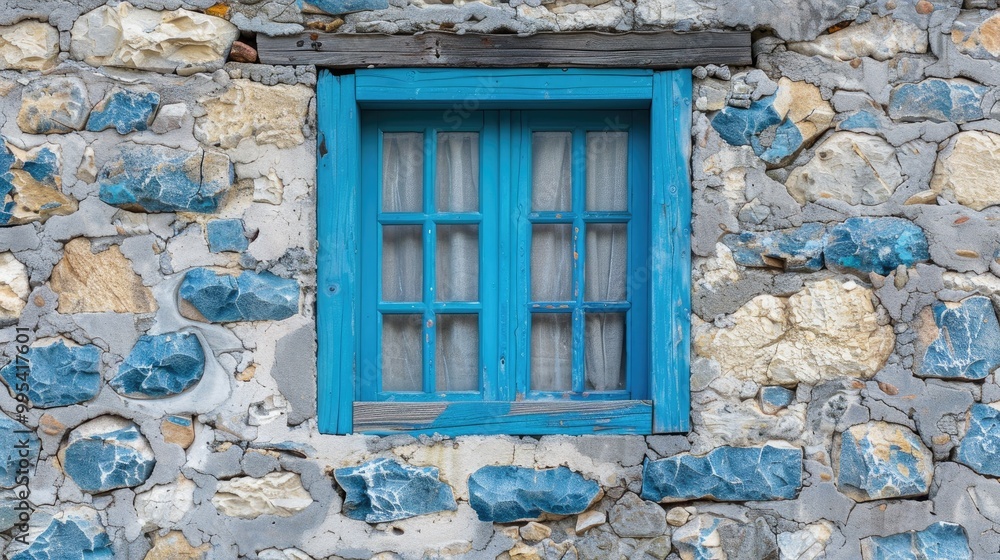 Weathered azure wooden window set in stone house facade Weathered azure wooden window set in stone house facade
