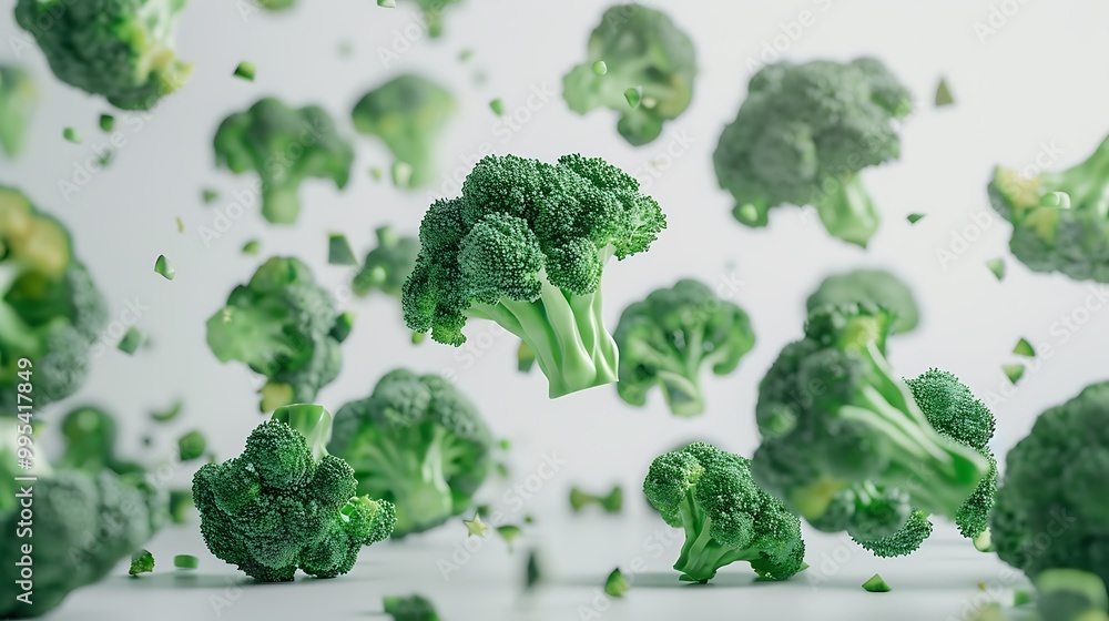 Falling green broccoli on white background Falling green broccoli on white background